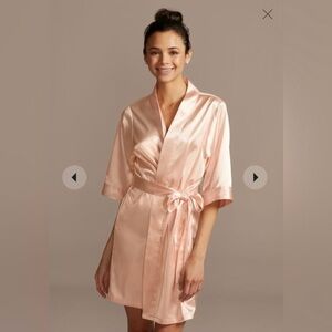 David's Bridal Robe L XL Blue Floral Satin Wrap Wedding DB Studio 3/4 Sleeves